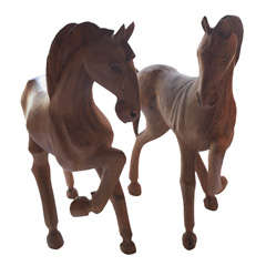 Pair of Carved Standing  Wood  Horses