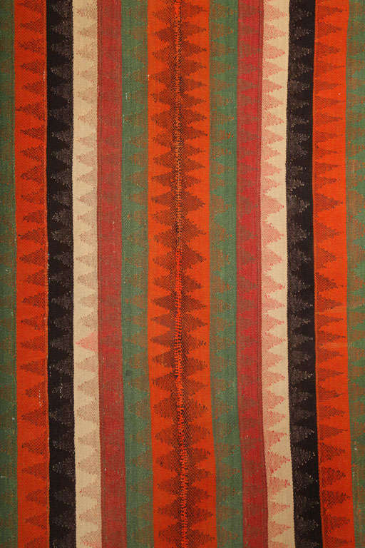 Vegetable Dyed Antique Wool 1920s Persian Jajim Kilim, Red, Green, Cream, and Brown, 4' x 5' For Sale