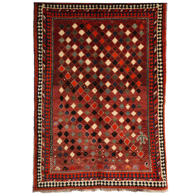 Antique 1930s Wool Persian Gabbeh Rug, Red, Green, Blue, Cream, 4' x 5'