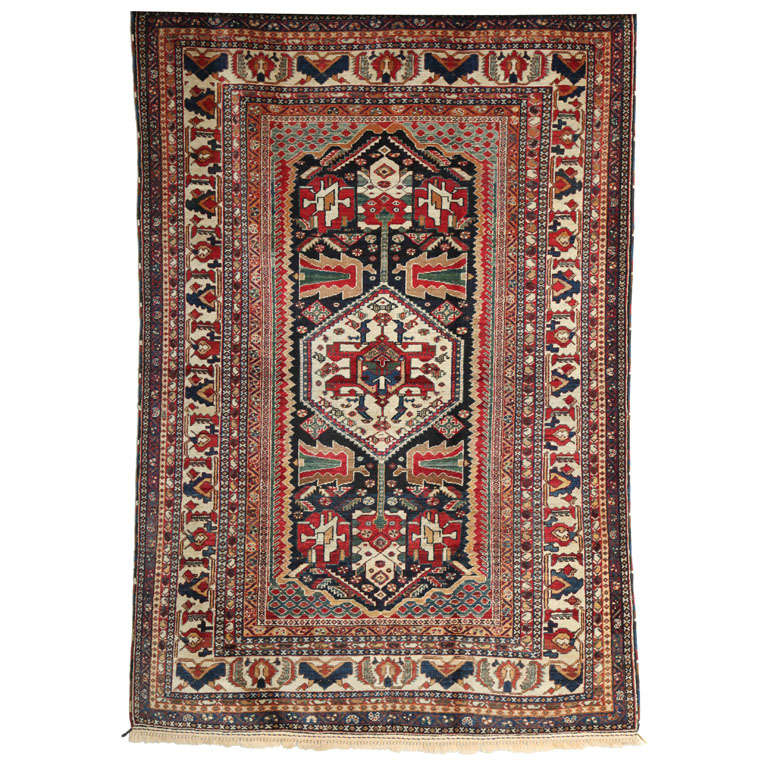 Antique 1920s Persian Qashqai Lion Rug, Cream, Red, Blue, and Brown