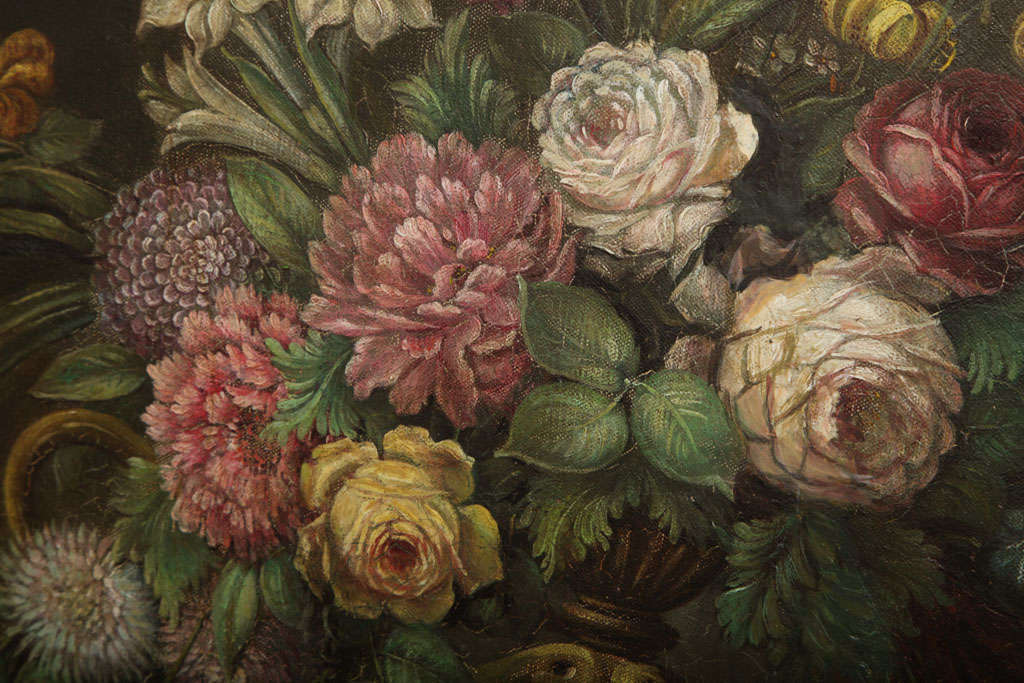 Oil on canvas, floral still life, urn with flowers, in gilt wood frame