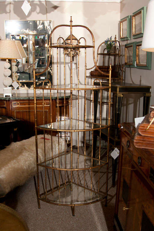Pair of fab faux bamboo gold-leaf metal corner etageres, each with 5 glass tiers, attributed to Maison Jansen.