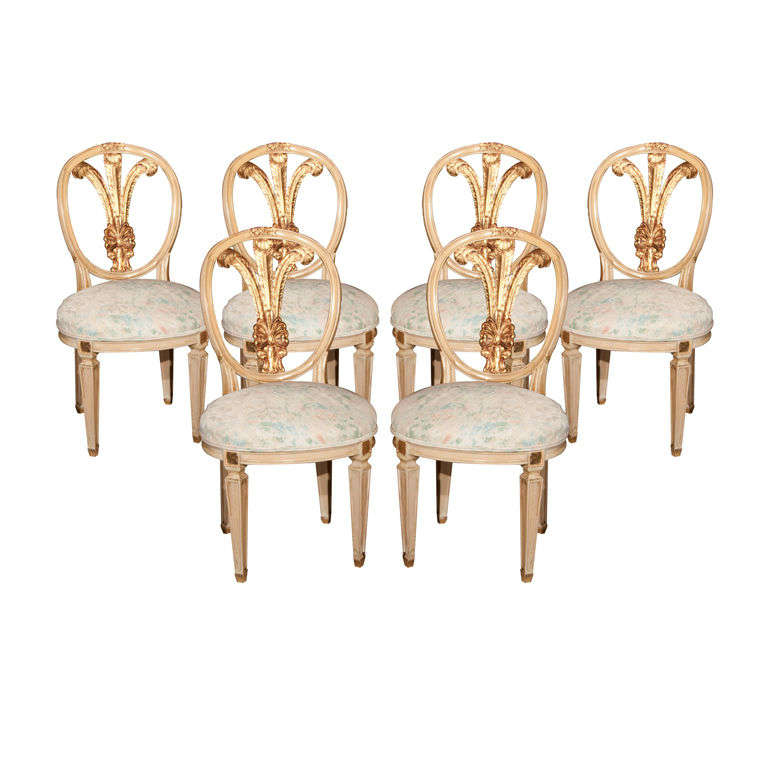 Six Parcel Paint and Gilt Decorated Hollywood Regency Dining Side Chairs Jansen