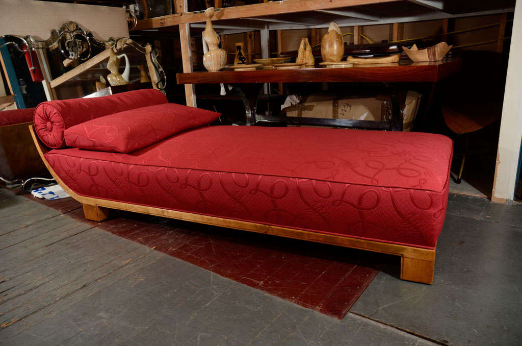 Upholstered chaise in a 1940s scalamander Italian fabric (never used).  Base is in elm, German 1930s.