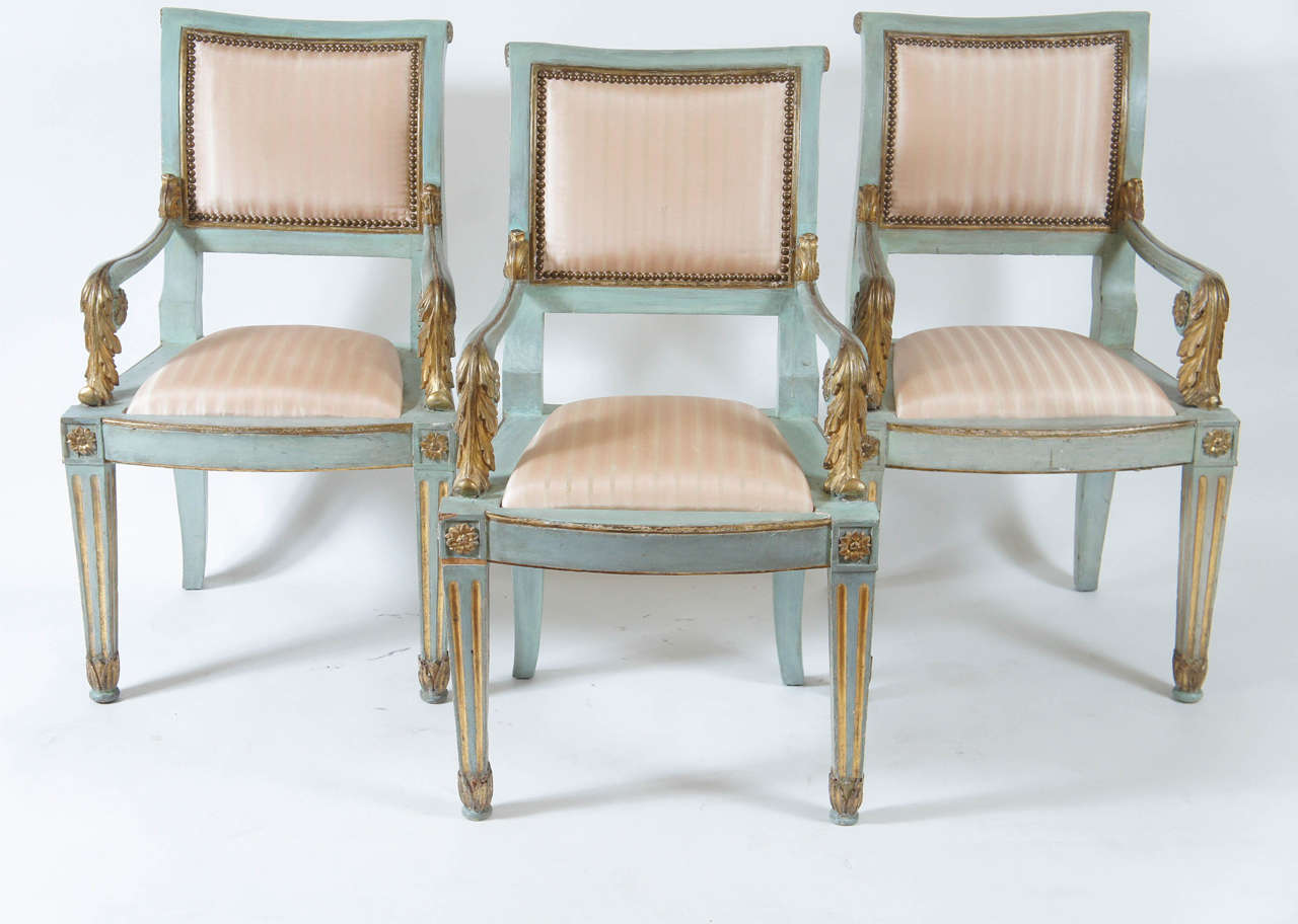 Neoclassical Italian Parcel-Gilt and Painted Armchairs, Set of Six, circa 1800