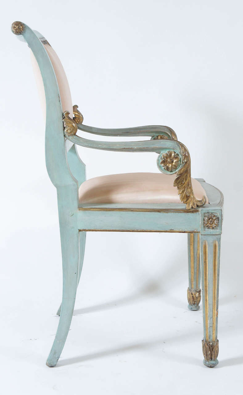 Hand-Painted Italian Parcel-Gilt and Painted Armchairs, Set of Six, circa 1800