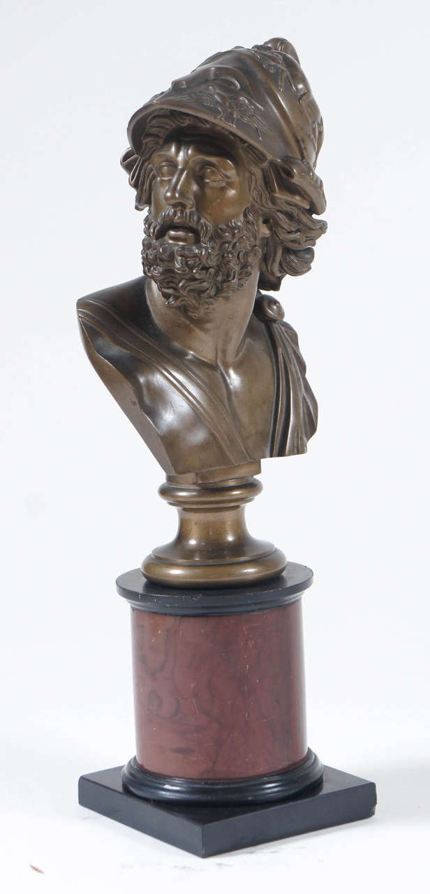 Fine bronze portrait bust of Menelaus, the king of Mycenaean Sparta and husband of Helen of Troy, by renowned Italian sculptor Benedetto Boschetti; signed B. Boschetti Roma on socle bronze base surmounting black and rosso antico marble
