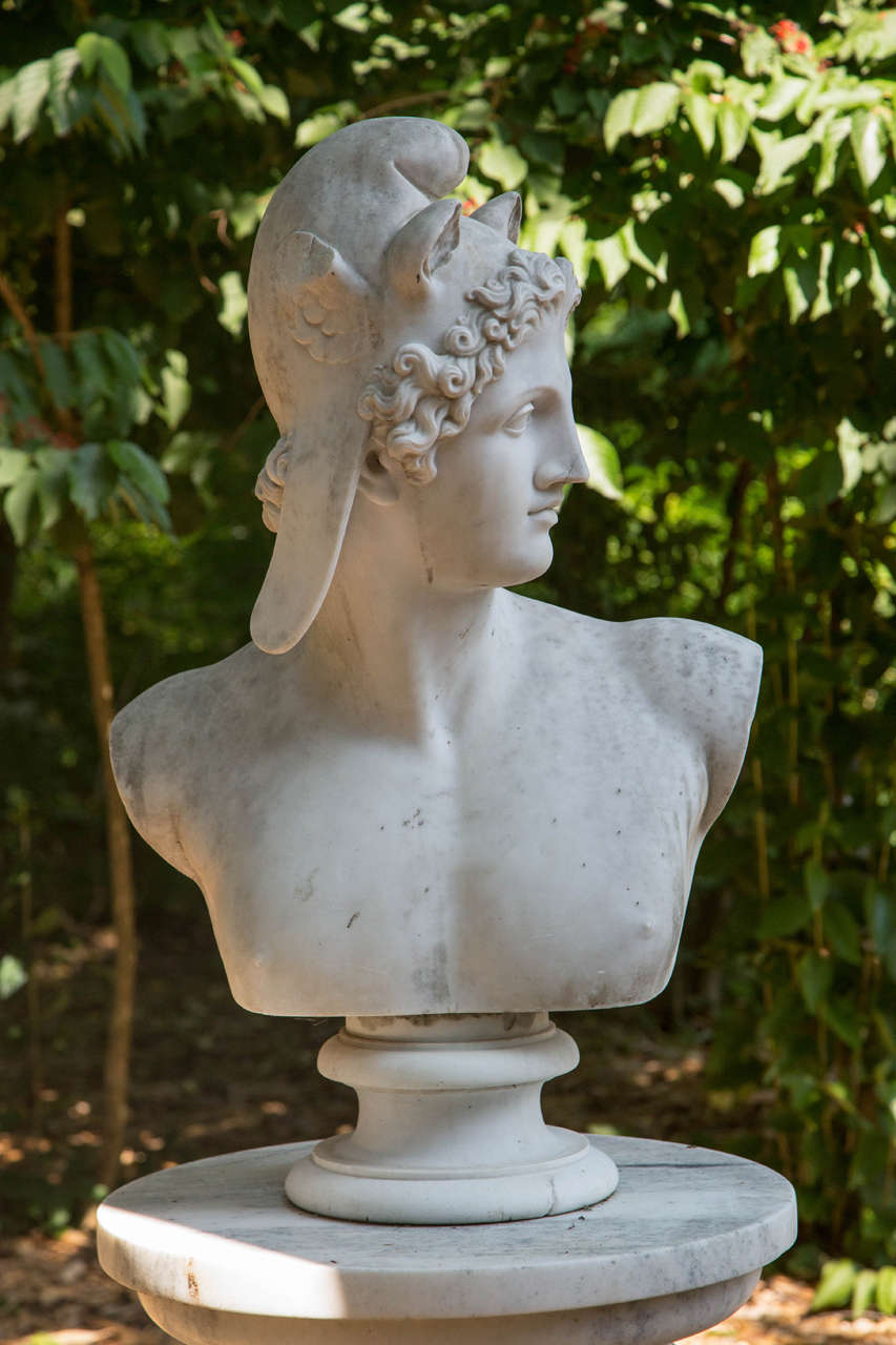 A fine carved marble bust in the neoclassical style, representing Perseus, after the original full sized figure by Antonio Canova (1757-1822).