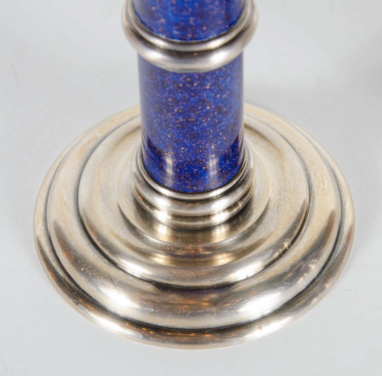 French Stunning Art Deco Silver and Lapis Lazuli Candleholders by Puiforcat