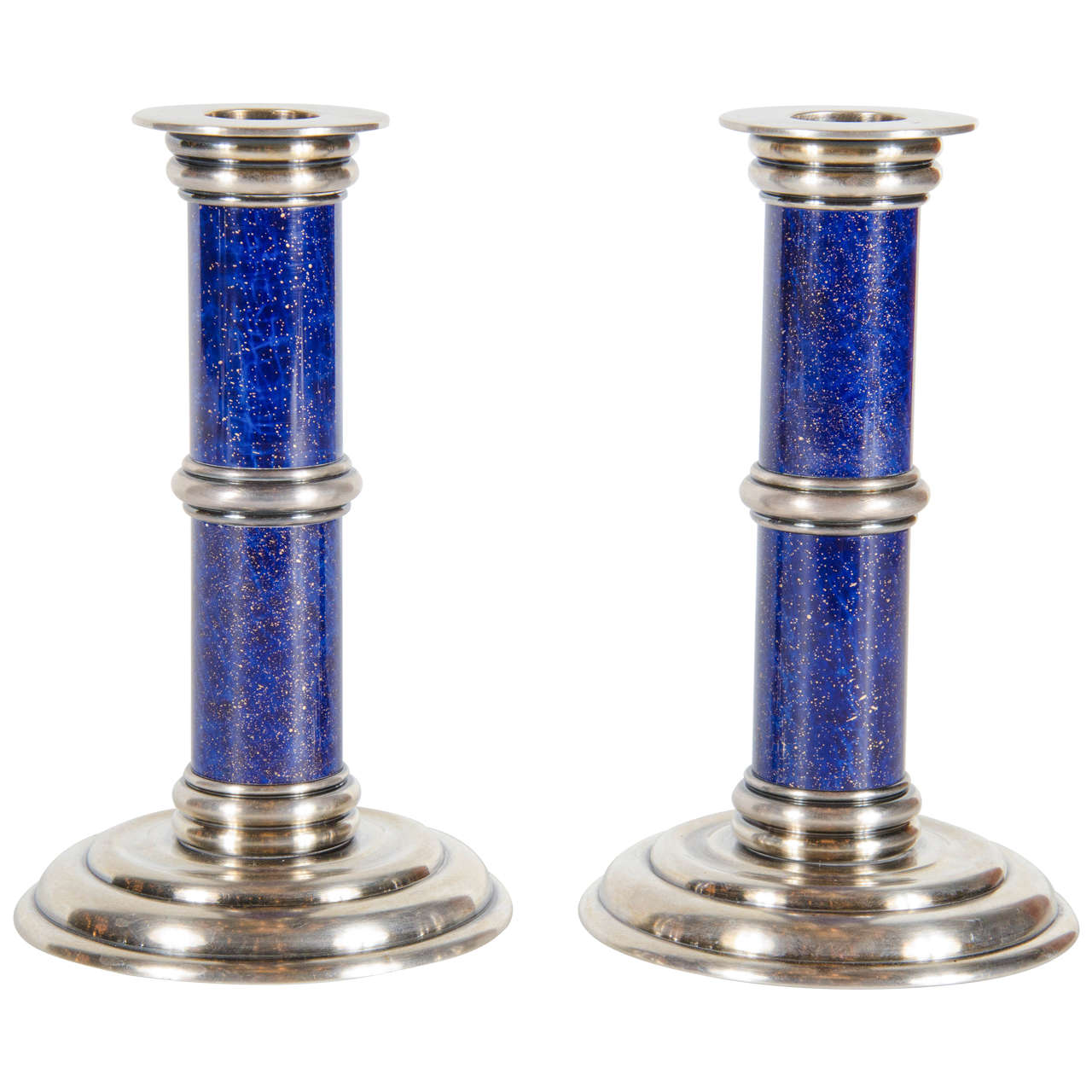 Stunning Art Deco Silver and Lapis Lazuli Candleholders by Puiforcat