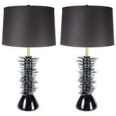 Gorgeous Pair of Midcentury Stacked, Black Murano Glass Table Lamps