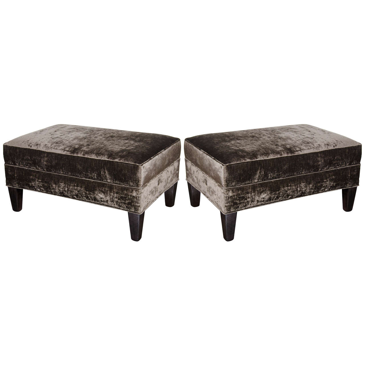 Pair of Lux Midcentury Ottomans in Smoked Pewter Velvet