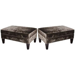 Vintage Pair of Lux Midcentury Ottomans in Smoked Pewter Velvet
