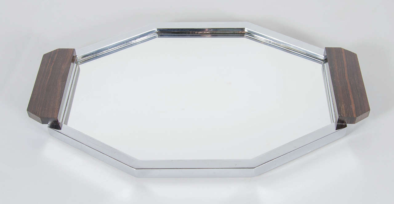 Art Deco Octagonal Chrome, Macassar and Mirror Bar Tray