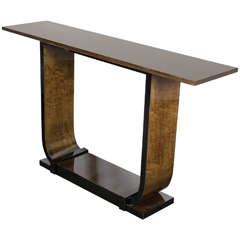 Streamlined Art Deco "U" Form Console Table in Book Matched Walnut