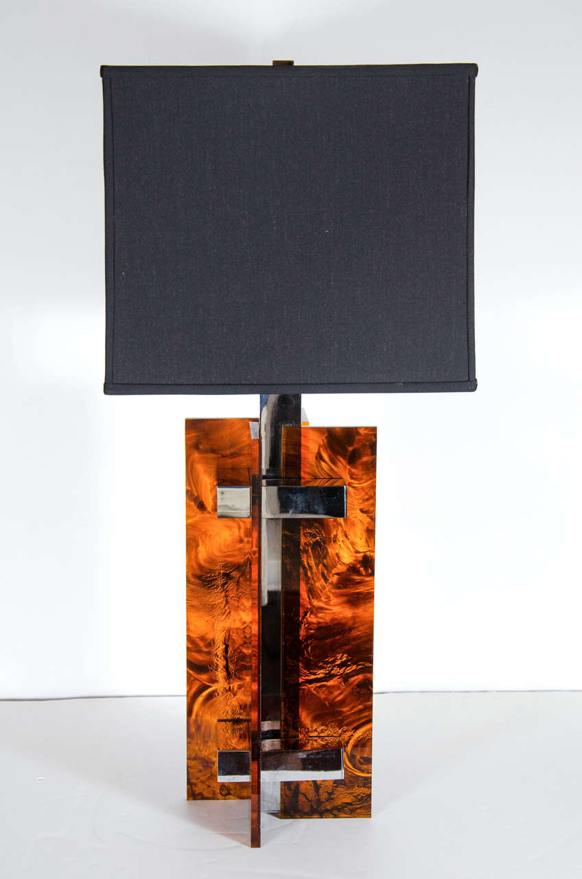 Chic Midcentury Tortoise Shell, Lucite and Chrome Table Lamp by Sciolari