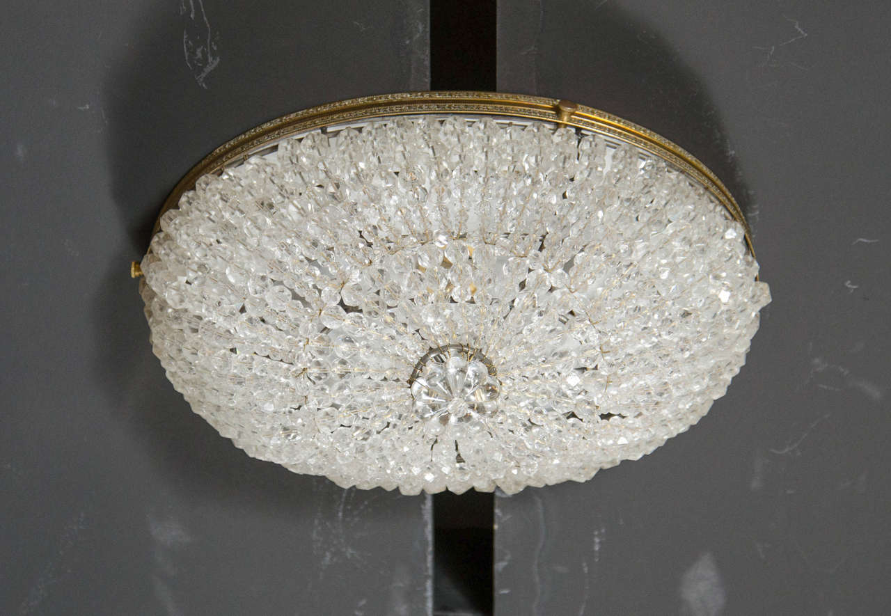 Glamorous 1940s Hollywood Cut Crystal Oval Flush Mount with Brass Fittings