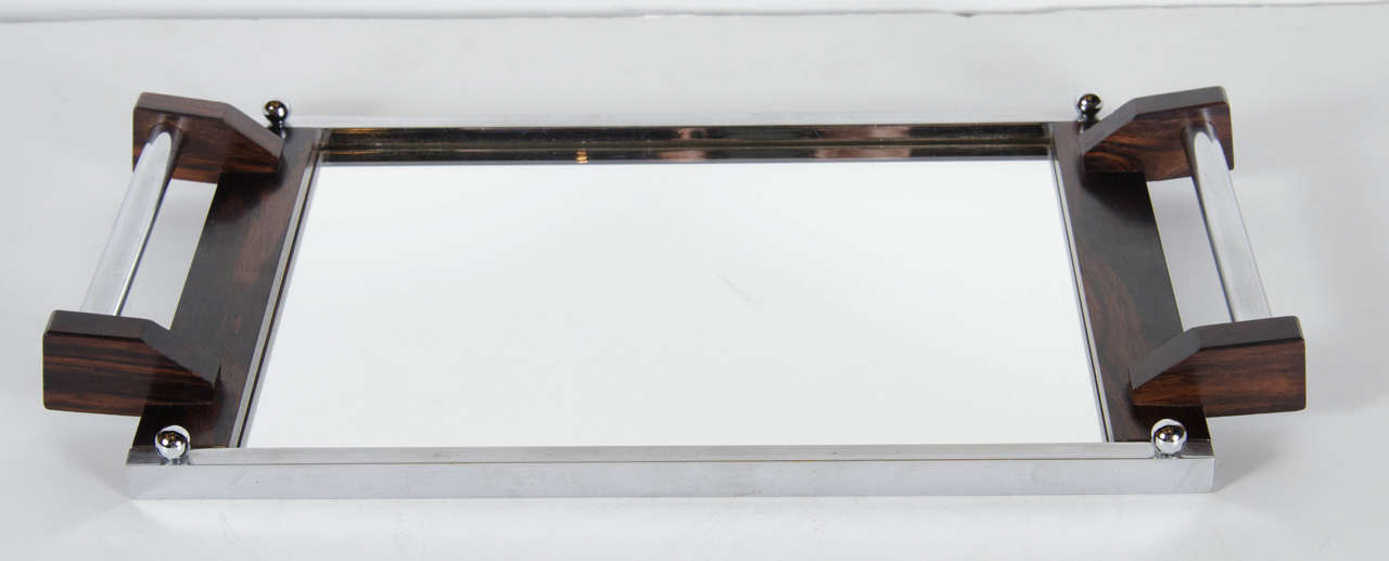 Stunning Art Deco Mirrored Bar Tray with Macassar and Chrome Handles