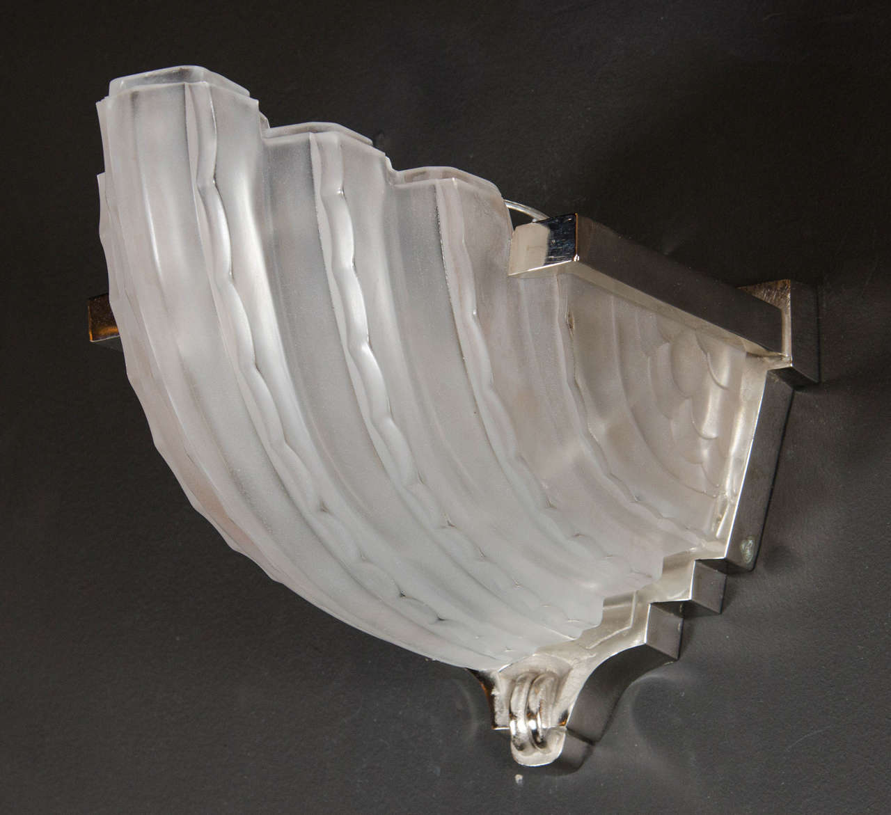 French Pair of Art Deco Skyscraper Style Frosted Glass Sconces by Sabino