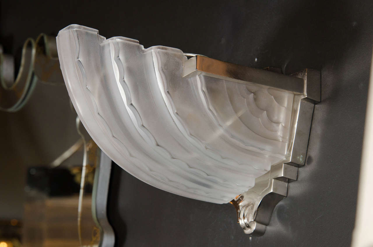 20th Century Pair of Art Deco Skyscraper Style Frosted Glass Sconces by Sabino