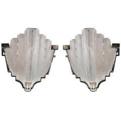 Pair of Art Deco Skyscraper Style Frosted Glass Sconces by Sabino