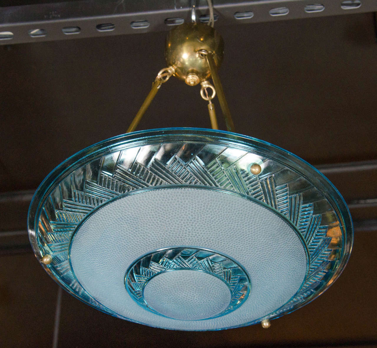 Art-déco-Kronleuchter mit Einbaubeleuchtung aus blauem Glas von Degue
