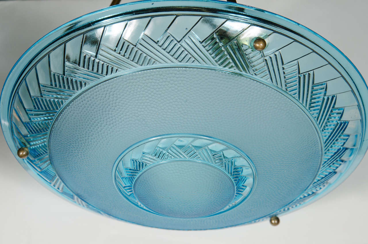 French Art Deco Flush Mount Chandelier in Blue Glass by Degue