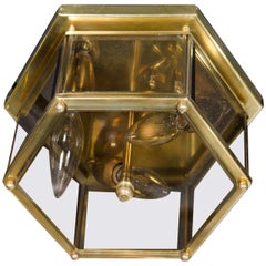 Mid-Century Modernist Hexagonal Flush Mount Chandelier in Brass and Glass