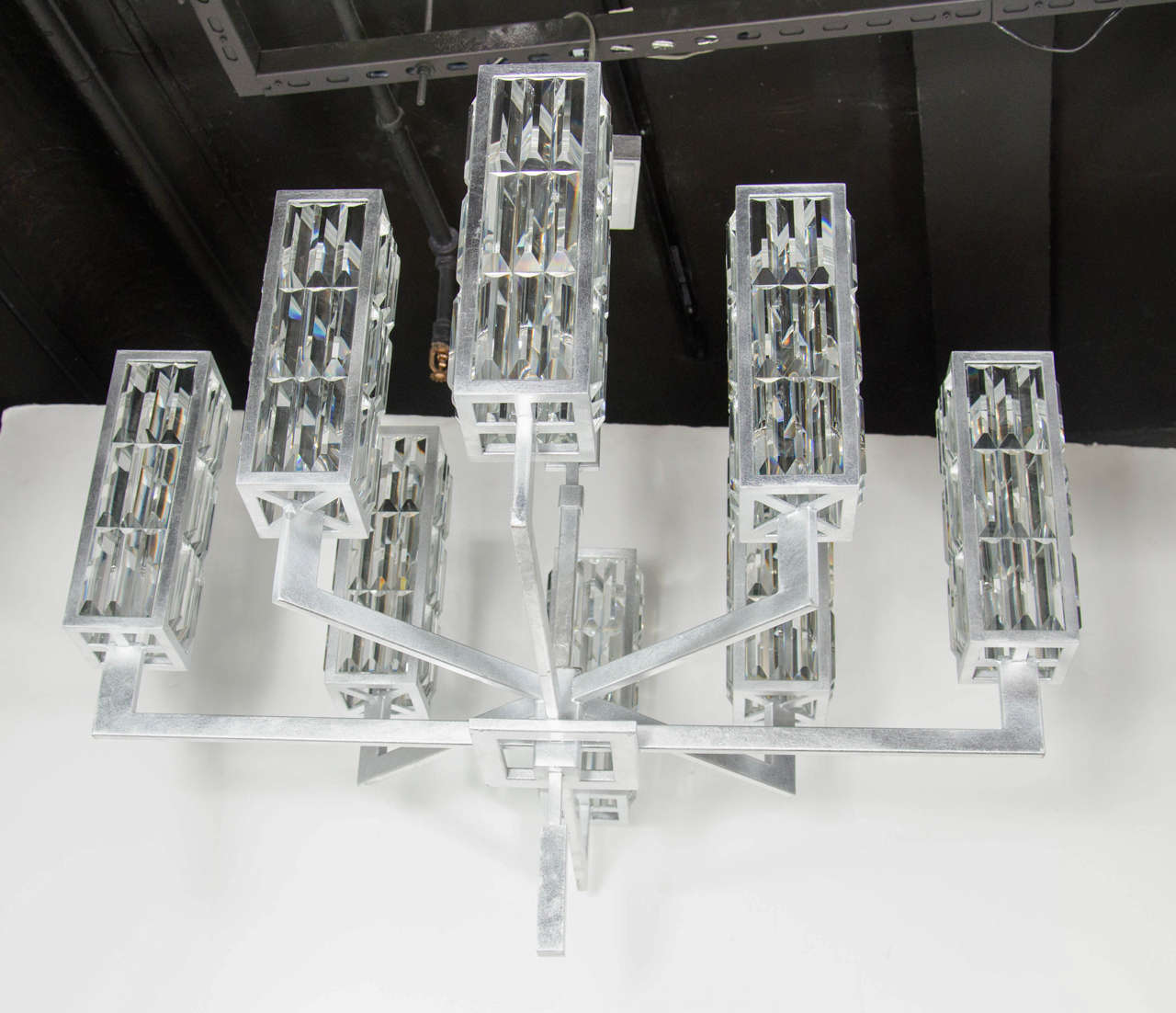 Modernist 8 Arm Cut Crystal Chandelier in the Manner of Frank Lloyd Wright In Excellent Condition In New York, NY