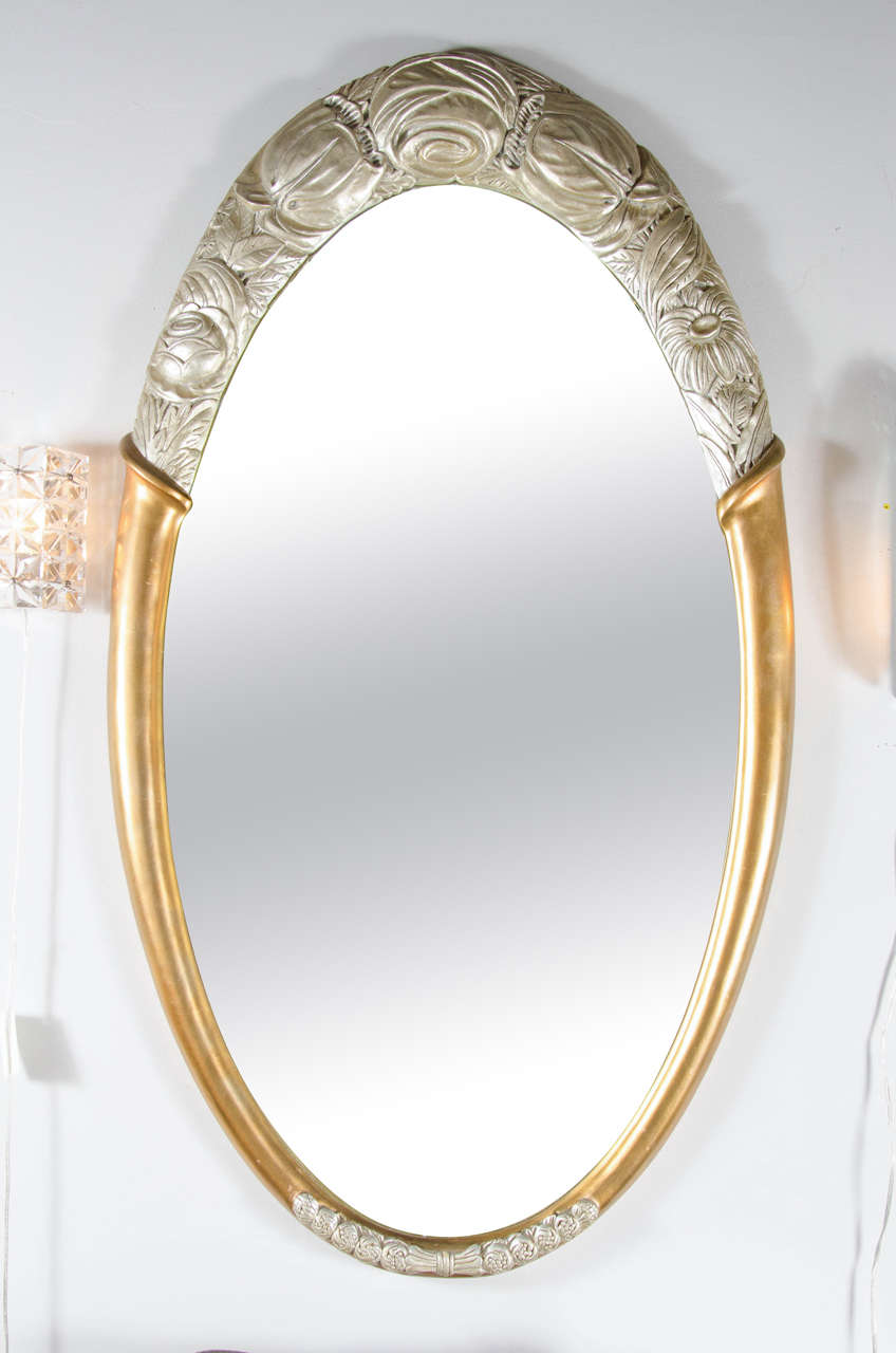 French Exquisite Art Deco Oval Gilt Mirror in the Manner of Ruhlmann
