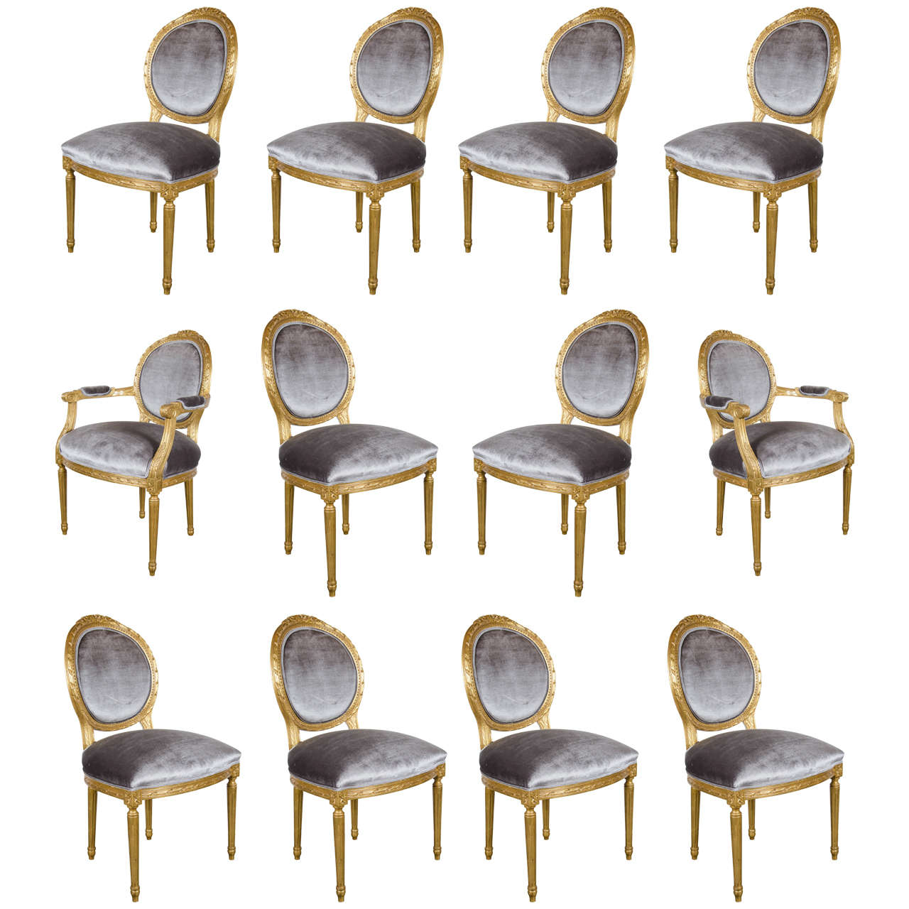 Set of 12 Louis XIV Style Hand-Carved 24-Karat Gilded Dining Chairs