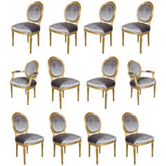 Vintage Set of 12 Louis XIV Style Hand-Carved 24-Karat Gilded Dining Chairs