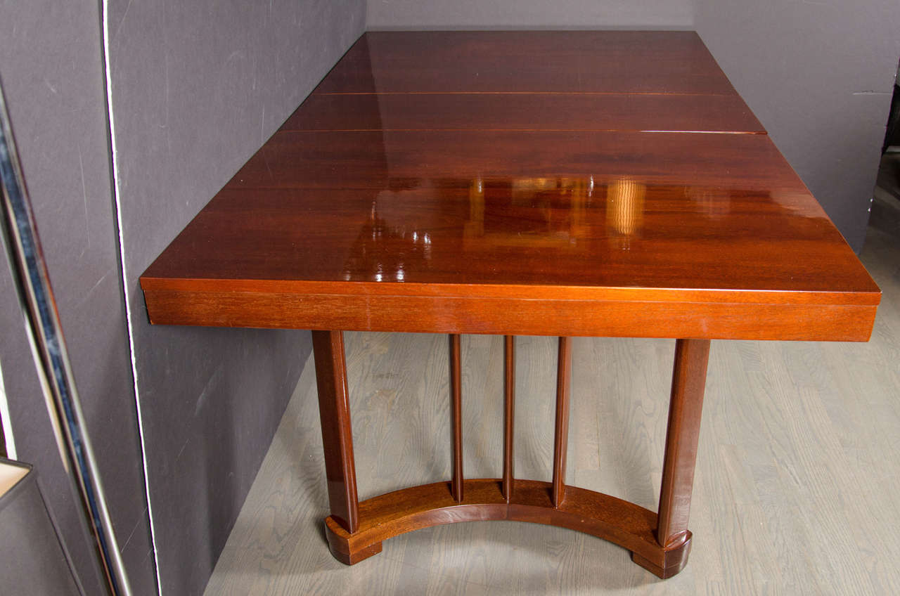 American Art Deco Extension Dining Table in Mahogany with Opposing Arc Form Base