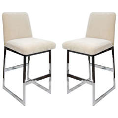 Pair of Luxe Mid Century Modern Upholstered Counter Stools