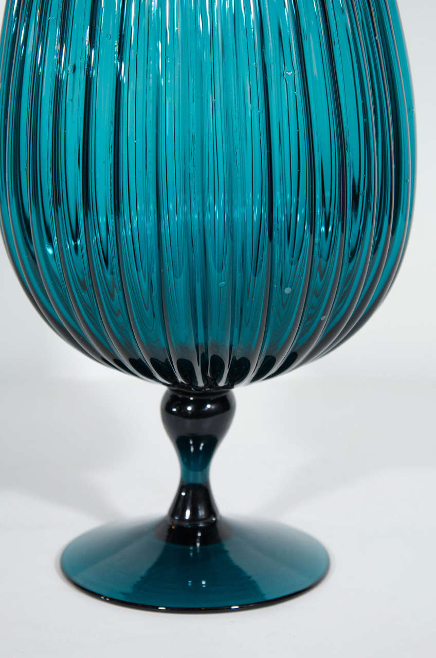 Mid-Century Modern Exquisite Midcentury, Fluted Art Glass Vase in Teal