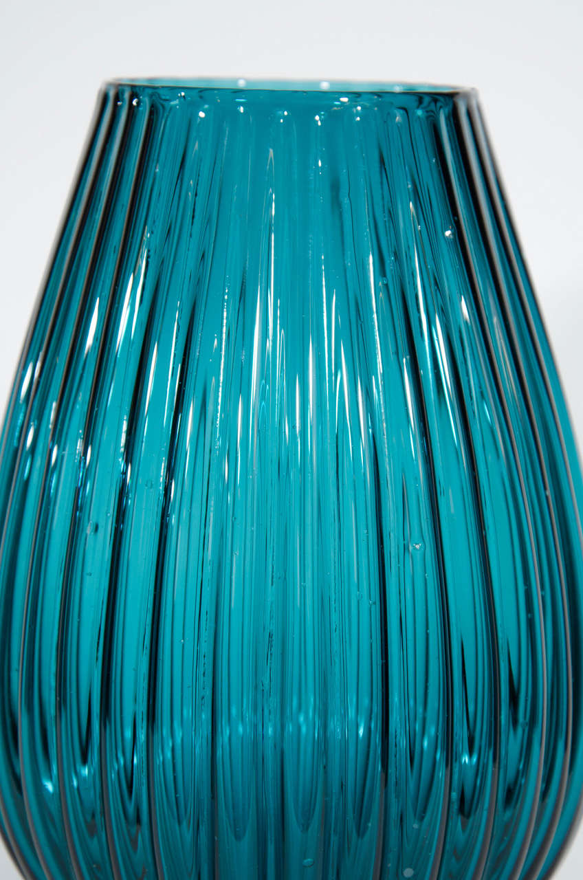 American Exquisite Midcentury, Fluted Art Glass Vase in Teal