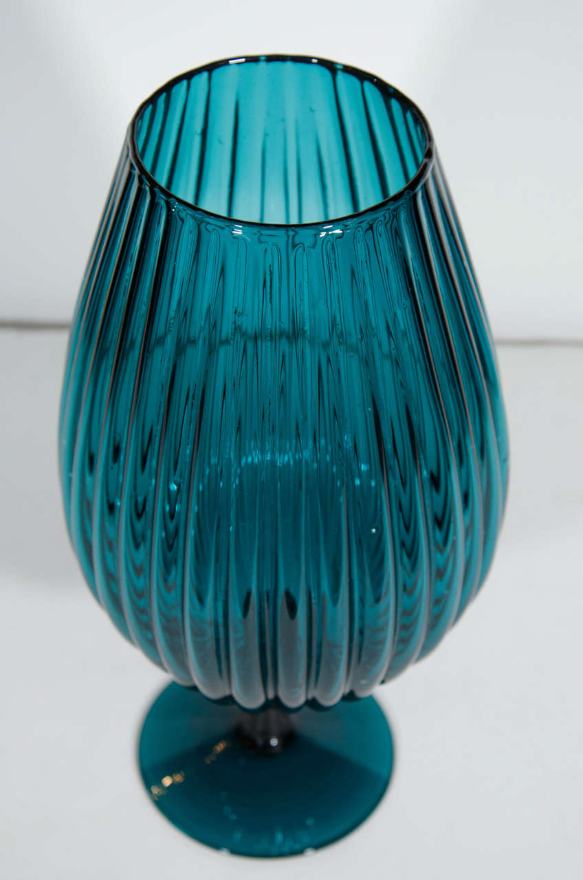 Exquisite Midcentury, Fluted Art Glass Vase in Teal In Excellent Condition In Fort Lauderdale, FL