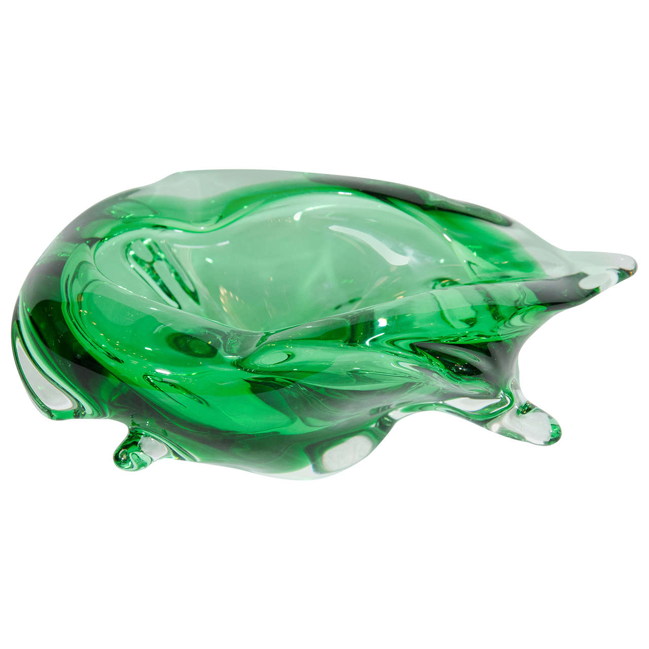 Outstanding handblown murano glass bowl with modern amorphous design.  The bowl has very heavy weight with exquisite curvature spikes and free form elliptical design. Magnificent and rare form in emerald green tones.