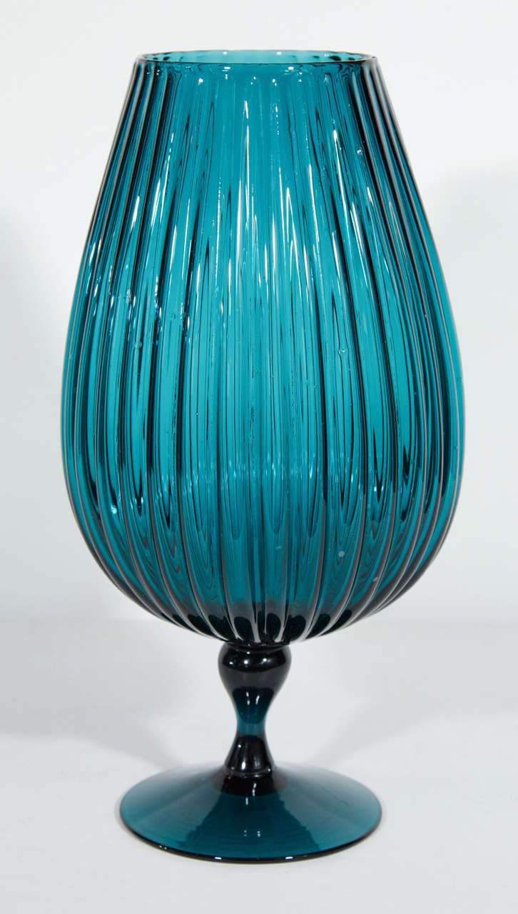 Exquisite Midcentury, Fluted Art Glass Vase in Teal at 1stDibs
