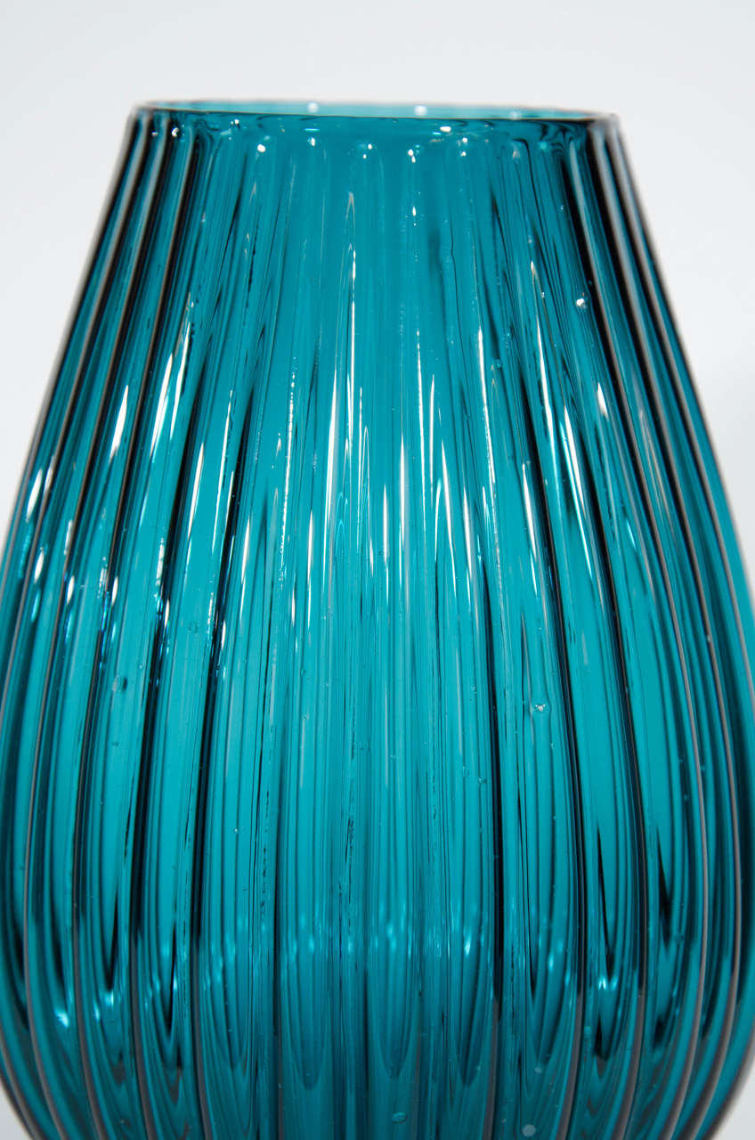 Exquisite Midcentury, Fluted Art Glass Vase in Teal at 1stDibs