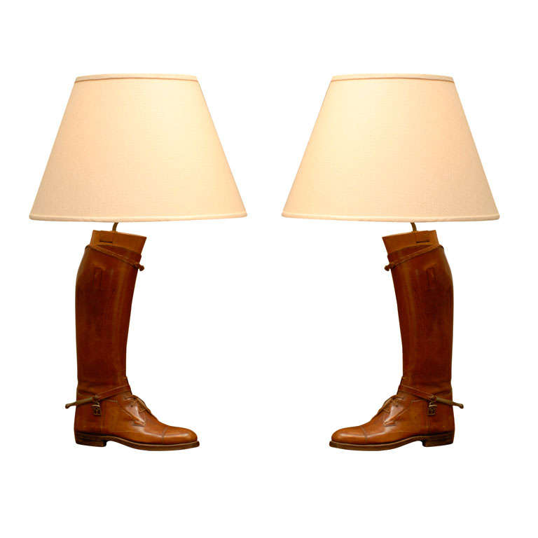 Pair of Vintage English Brown Leather Riding Boots Mounted as Table Lamps