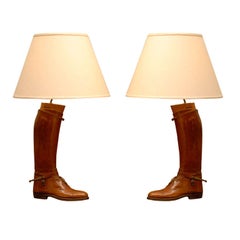 Pair of Retro English Brown Leather Riding Boots Mounted as Table Lamps