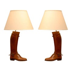 Pair of Vintage English Brown Leather Riding Boots Mounted as Table Lamps