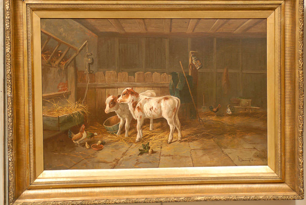 English 19th Century Oil on Canvas Farm Painting Depicting Calves and Chickens In Good Condition For Sale In Atlanta, GA