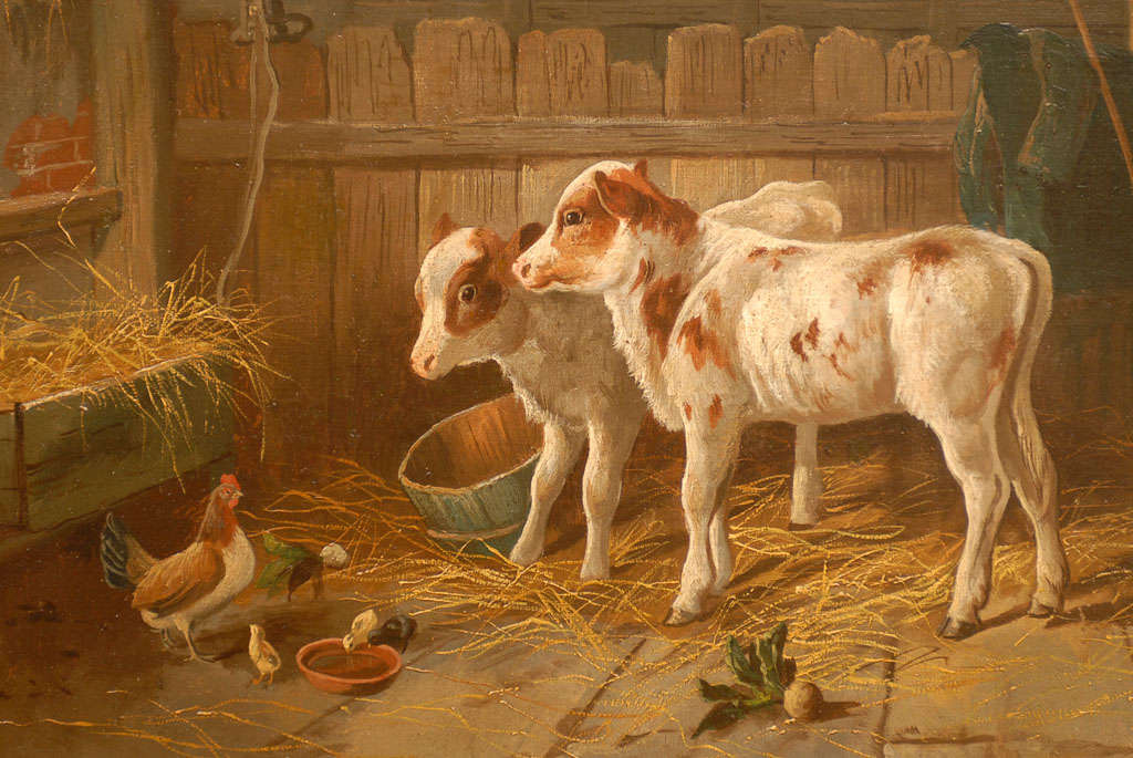 English 19th Century Oil on Canvas Farm Painting Depicting Calves and Chickens For Sale 2