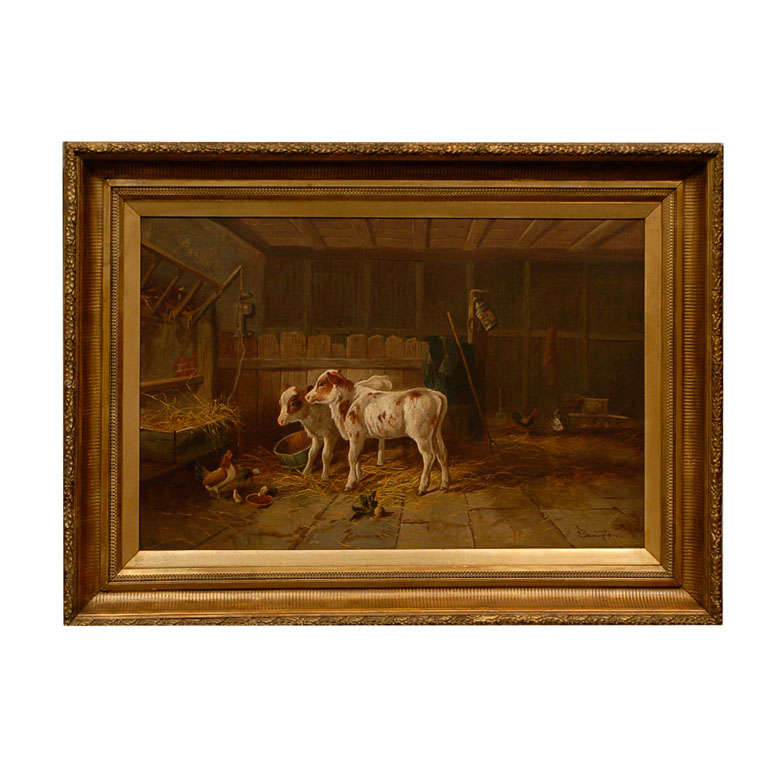 English 19th Century Oil on Canvas Farm Painting Depicting Calves and Chickens