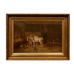 English 19th Century Oil on Canvas Farm Painting Depicting Calves and Chickens