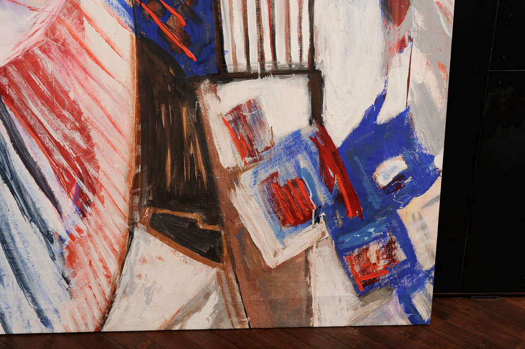 Description : Cette pièce présente des couleurs vives de bleus, rouges, bruns et des nuances de gris et de petites quantités de violet clair. L'artiste Beverly Bogen était une artiste accomplie et recherchée, travaillant sur commande et répertoriée.