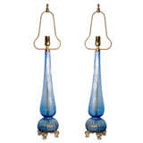 Pair of Italian Blue Murano Lamps