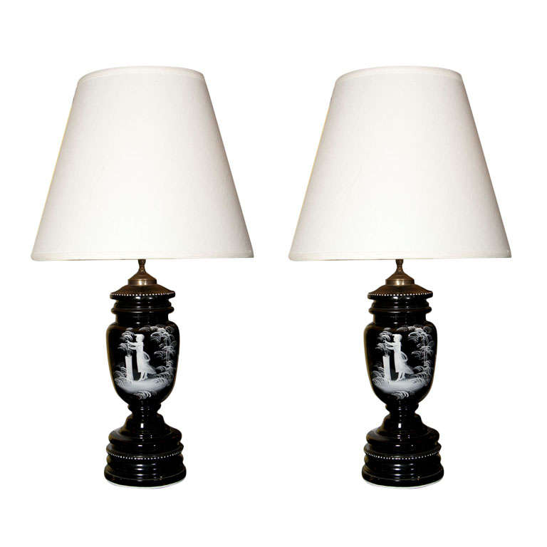 Pair of Glass Mary Gregory Lamps